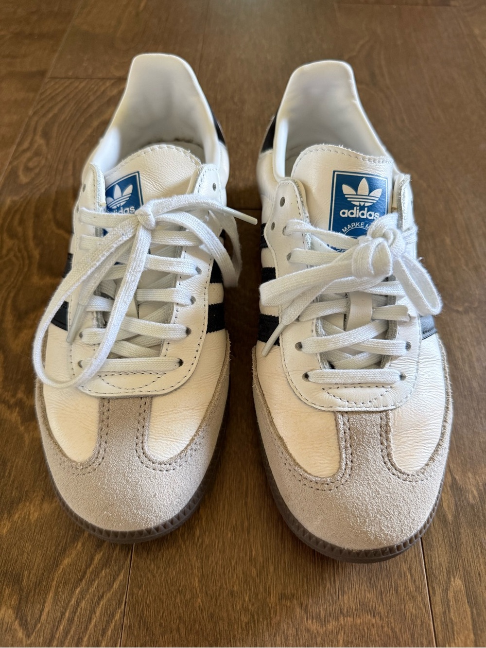 adidas White Leather & Gray Suede Sneakers with Black Stripes - Picture 2 of 7